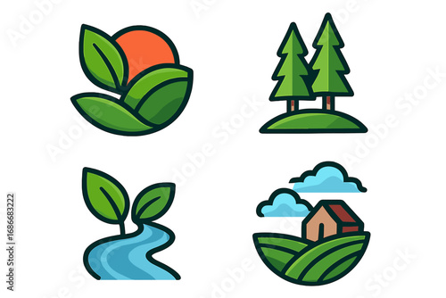 Colorful video and chatting logo set with playful cartoon style, transparent background, digital communication icons, vibrant design, media and social interaction visuals