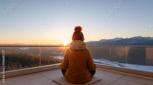 Serene Winter Meditation at Sunrise on Mountain Balcony