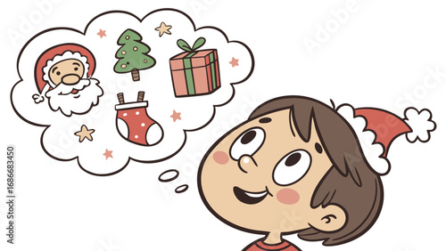 child's happy face, with small images of Santa Claus, reindeer, gift boxes, a Christmas tree,