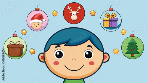 Happy holiday greeting card with fun cartoon snowman, Santa Claus and a gift for children in the winter new season