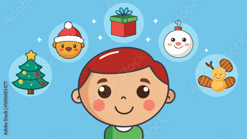 Happy holiday greeting card with fun cartoon snowman, Santa Claus and a gift for children in the winter new season
