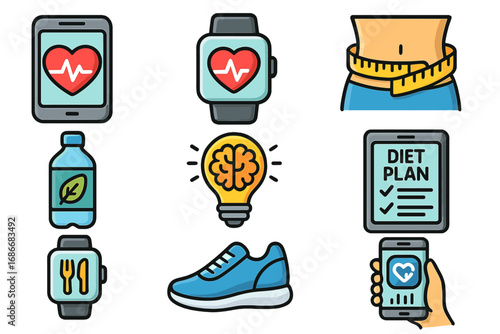 Health fitness technology icon set. Wellness, diet plan, heart rate monitor. Smartwatch, mobile app, tracker. Weight loss, running, nutrition. Vector cartoon icons concept.
