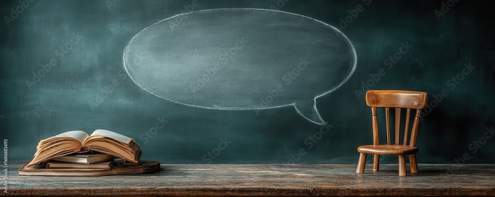 custom made wallpaper toronto digitalOpen book and wooden chair against chalkboard with speech bubble