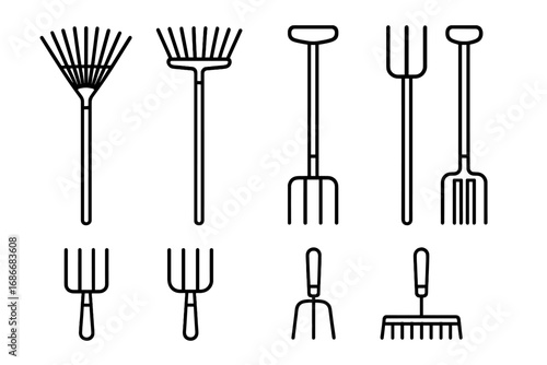 Garden tools outline icon set. Vector collection of rakes and pitchforks. Minimalist line art illustration. Farming and gardening equipment for agriculture. Isolated design elements.