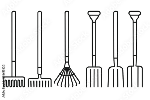 Garden tools outline icon set. Rakes and pitchforks minimalist collection. Vector line art illustration of farming and gardening equipment. Agricultural work instruments isolated.