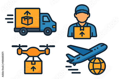 Logistics and delivery icon set. Modern vector cartoon illustration. Transportation methods for fast shipping: truck, courier, drone, and international air freight with globe.