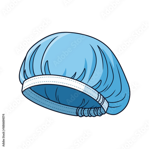 A light blue disposable shower cap with a white elastic band, depicted as a vector illustration on a white background.