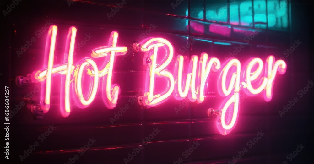 Obraz premium Bright pink neon sign displays Hot Burger. Dark background emphasizes glowing script lettering. Simple, bold design. Restaurant ambiance.
