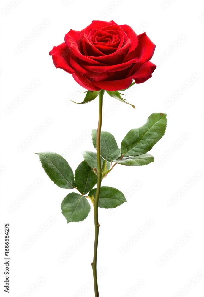 A vibrant, single red rose with green leaves against a pristine white background, showcasing its velvety petals and elegant stem A vibrant, single red rose with green leaves against a pristine white background, showcasing its velvety petals and elegant stem