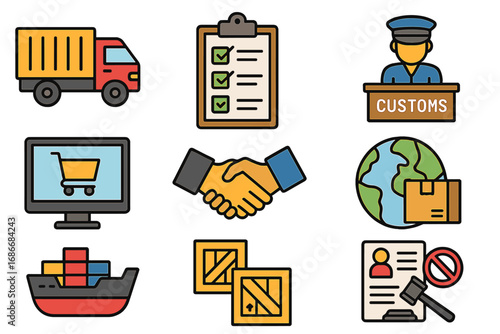 Logistics and trade icon set. Vector icons for supply chain management, global shipping, freight, and customs clearance. Includes truck, ship, e-commerce, and customs symbols.