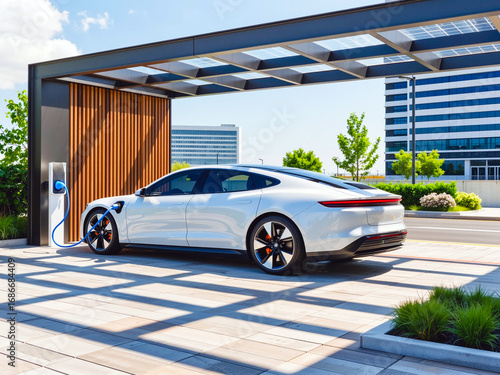 Electric Car Charging at Station, Eco-Friendly Transportation Concept