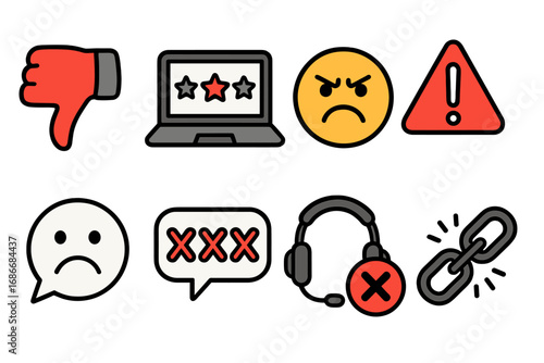 Bad review and negative feedback icon set. Customer dissatisfaction, complaint, and poor service symbols. Dislike, angry face, one star rating, error, warning, and broken link.