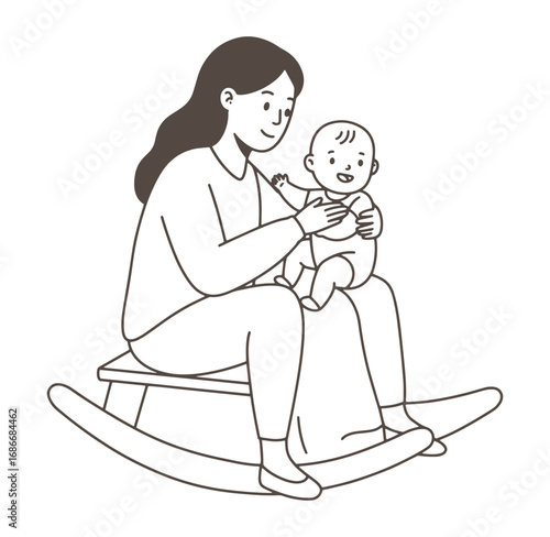 Mother sitting in rocking chair holding happy baby linework illustration with love