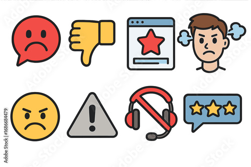 Set of icons for bad customer experience and negative feedback. Dislike, low rating, complaint, and dissatisfaction symbols. Vector illustration for customer service issues.