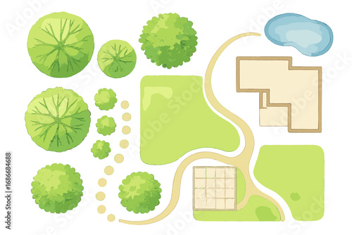 Watercolor landscape architecture elements set. Top view garden constructor kit with trees, house, pool, and path for site plan design. Vector illustration isolated on white.