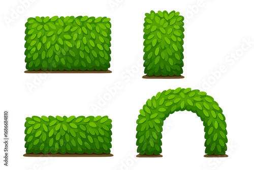 Green hedge bush collection for landscape design. Garden fence, arch, and topiary elements. Vector cartoon illustration set for park, yard, or outdoor privacy screening.