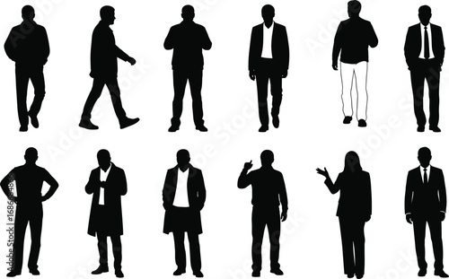 Businessmen and businesswomen silhouettes standing and walking, professional formal attire, corporate style, diverse poses, confident leadership, and office environment vector illustration.