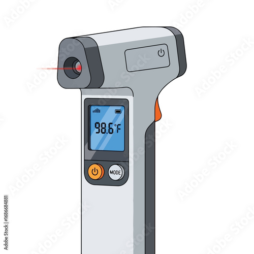 A gray and orange infrared thermometer with a red laser dot, displaying a temperature of 98.6 degrees Fahrenheit on its digital screen.
