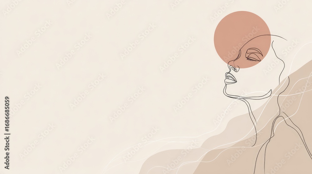 Obraz premium Serene Silhouette: A minimalistic line art illustration depicting a woman's face, with closed eyes, and a soft color palette evokes peace, tranquility and introspection.