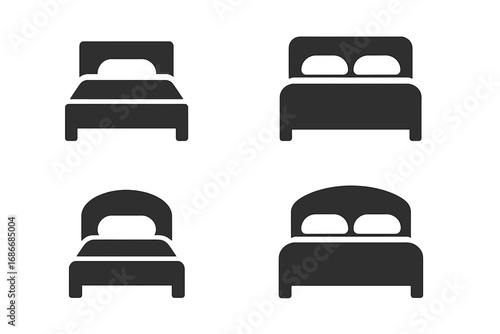 Bed icon set. Single and double bed symbols. Hotel accommodation pictogram. Minimalist furniture for bedroom. Sleep, rest, and relaxation concept. Vector silhouette illustration.