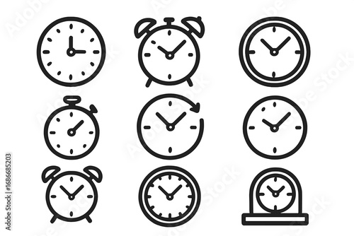 Clock icon set. Minimalist black and white line art collection. Time management symbols. Vector watch, timer, alarm, stopwatch pictogram for web, app design. Deadline concept.