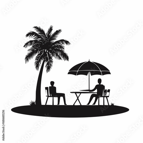 Canvas Print silhouette summer design palm tree Relaxing man front table and umbrella man bea