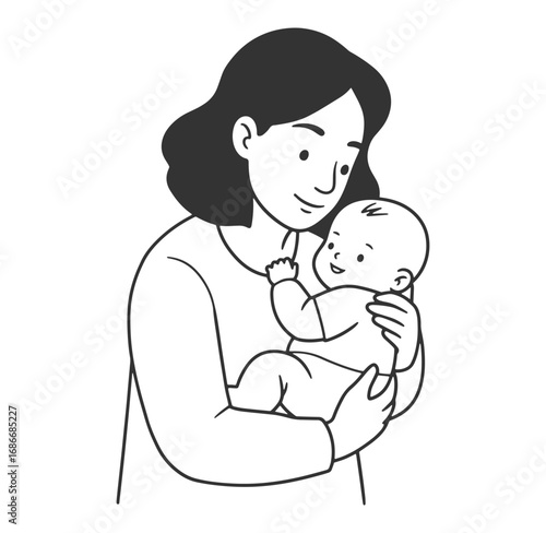 Simple black and white illustration of a mother holding her baby lovingly