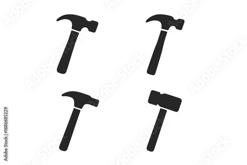 Hammer vector icon set. Minimalist black silhouette graphic collection of tools for construction, repair, and carpentry. Claw hammer and mallet symbols for web and print.