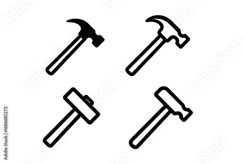 Set of minimalist hammer icons. Vector line art illustration of construction and repair tools. Includes claw hammer, sledgehammer, and mallet symbols for web, UI, and logo design.
