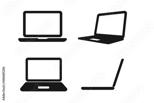 Laptop icon set. Computer symbol collection. Minimalist black silhouette style. Vector graphic for web, app design. Notebook device pictogram. Digital screen front side view.