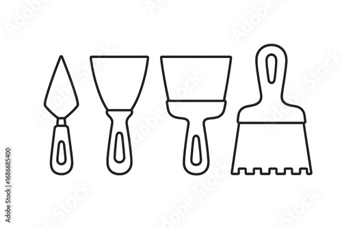 Putty knife, trowel, and scraper tool set. Minimalist line art icons for construction, DIY, and home renovation. Vector illustration for plastering, finishing, and repair work.