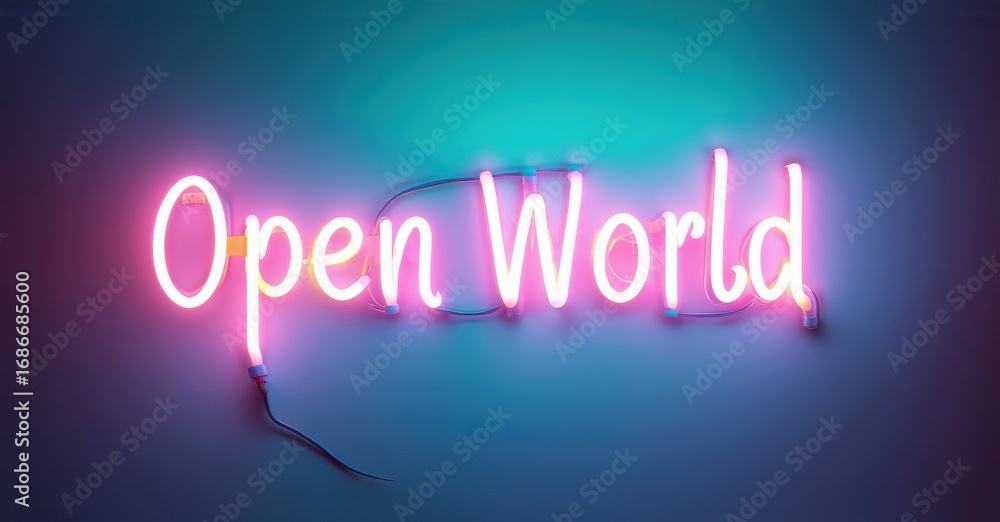 Obraz premium Bright pink neon sign displays Open World against blue gradient wall. Minimalist aesthetic, modern design, captivating illumination.