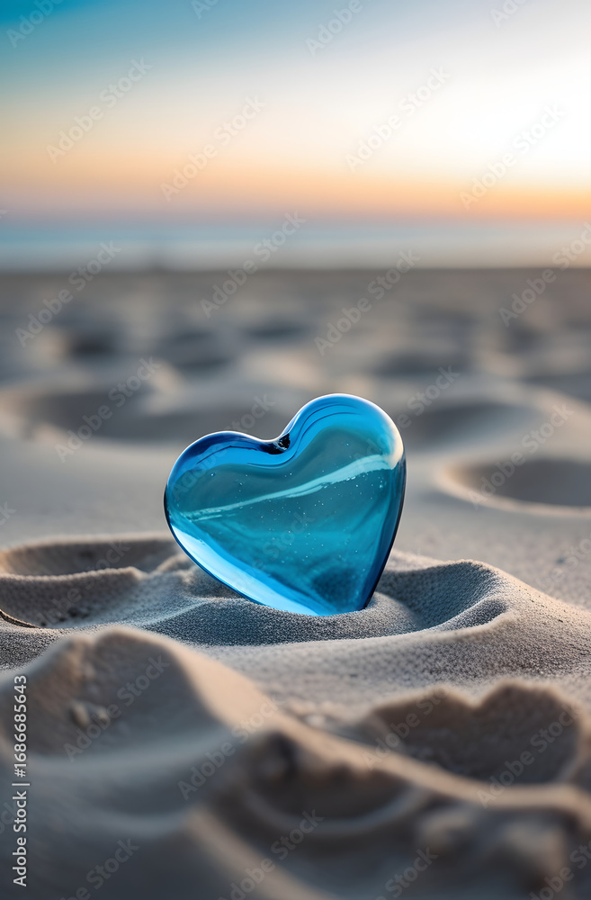 Fototapeta premium Shiny Blue Glass Heart on Sand with Sunset Sky