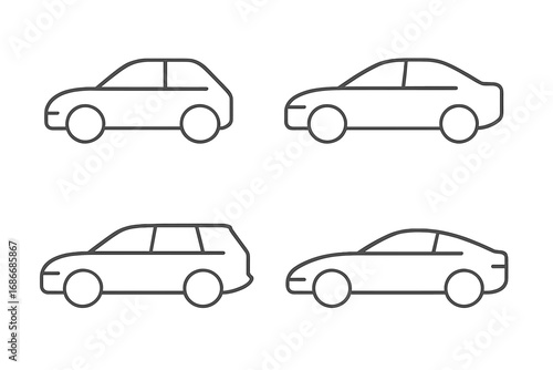 Set of car icons in thin line style. Minimalistic vector illustration of different car body types: sedan, coupe, suv, hatchback. Vehicle and transport concept design element.
