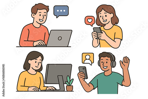 People using digital devices for communication. Man and woman with computer, smartphone for chat, video call, social media like, remote work, content creation. Vector cartoon set.