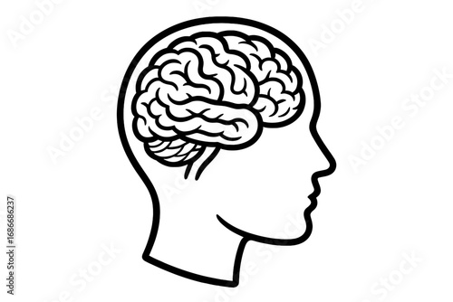 Human head outline with detailed brain illustration, thinking and intelligence concept, vector cartoon style, transparent background, psychology and mental health symbol