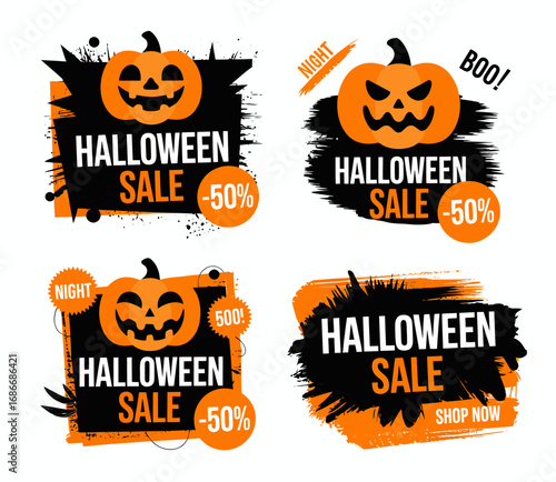 Four distinct Halloween sale banners featuring grinning jack-o'-lanterns, bold 'Halloween Sale -50%' text, and grunge-style black and orange backgrounds.