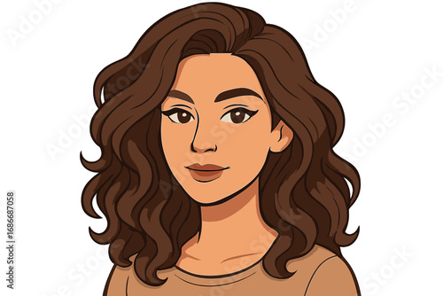 Portrait of a woman with voluminous wavy brunette hair and subtle makeup look against a neutral background, vector cartoon illustration, beauty and fashion concept