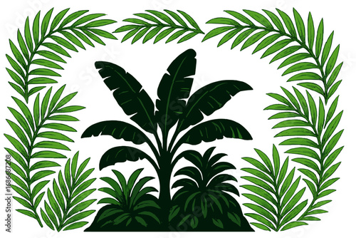 Tropical palm leaves frame surrounding black banana tree silhouette, exotic rainforest foliage border, lush green tropical plants, jungle leaves design, botanical nature theme