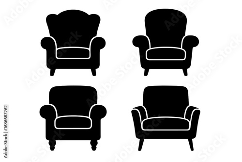 Classic armchair silhouettes set black vector collection of elegant vintage and modern lounge chairs on white background with transparent style, stylish furniture designs for room interiors and decor