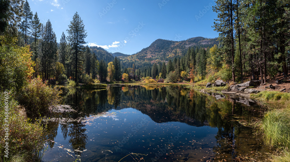 Obraz premium Serene lake reflecting mountains and trees under a clear blue sky, capturing the essence of natural beauty. Autumn foliage adds a touch of color.