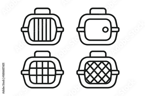 Set of linear pet carrier icons with various door designs for safe pet travel, vector cartoon illustration, transparent background, ordered collection of animal transport cages