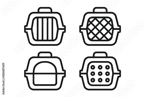 Set of Linear Pet Carrier Icons with Various Door Designs for Travel Safety and Comfort, Vector Cartoon Illustration with Transparent Background, Ordered Collection of Animal Transport Containers