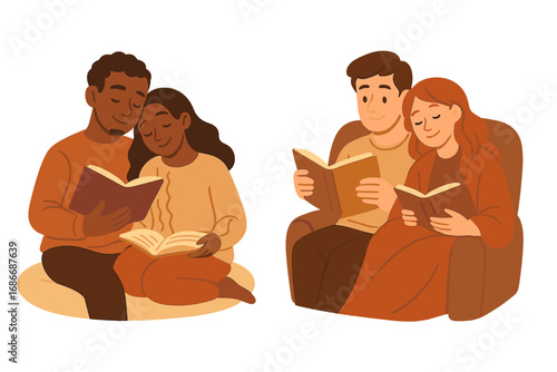 Set of diverse couples reading books together. Cozy home leisure activity. Man and woman enjoy literature. Vector illustration of people relaxing with a book. Hobby and education concept.