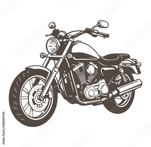 Vintage brown monochrome illustration of a classic american motorcycle on white background