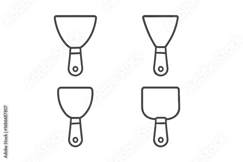 Minimalist putty knife icons set in simple outline style, vector cartoon illustration with transparent background, ordered tools collection for construction and DIY