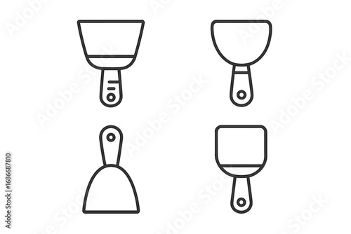 Minimalist Vector Set of Putty Knife Icons in Simple Outline Style, Cartoon Illustration with Transparent Background, Clean Tool Graphic Collection for Construction and DIY Projects