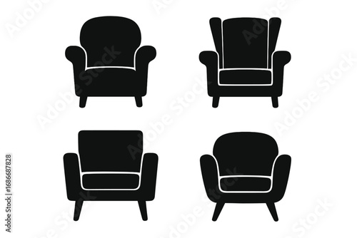 Set of silhouette armchair icons featuring classic and modern stylish chair designs, vector cartoon illustrations with transparent background, home furniture elements collection