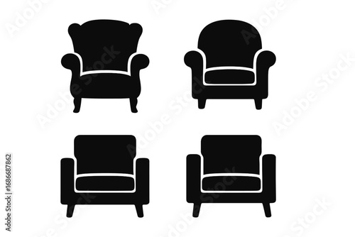 Silhouette armchair icons set featuring classic and modern lounge chair designs, stylish comfort illustration, vector cartoon graphic with transparent background, cozy furniture collection
