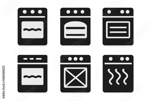 Set of six minimalist black oven icons in silhouette style for kitchen designs, vector cartoon illustration with transparent background, modern appliance symbols, cooking and baking
